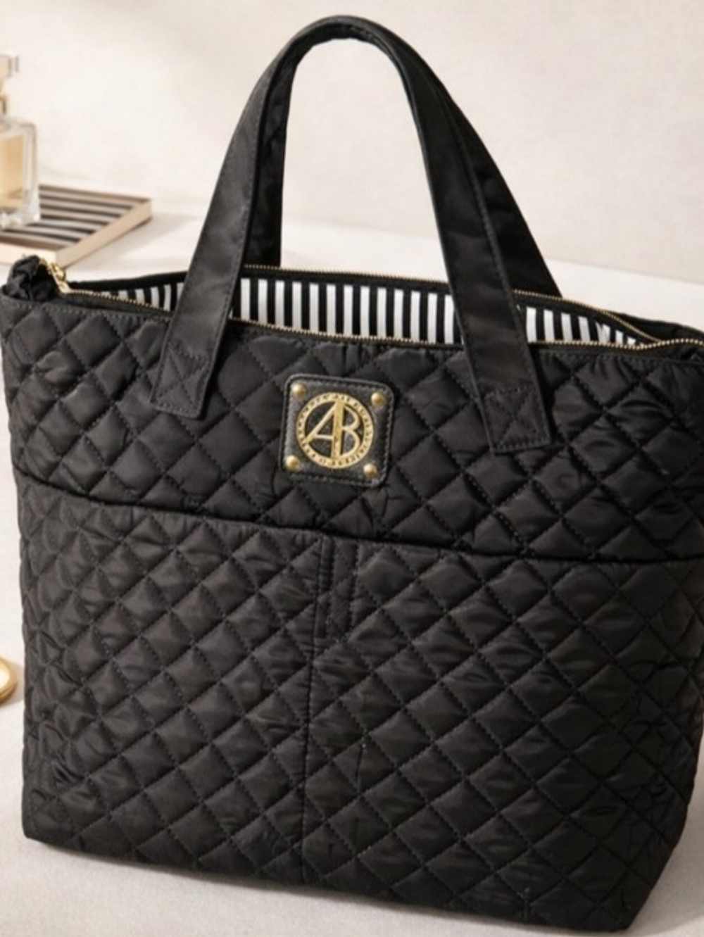Alexis Bendel Quilted Tote Black Nylon Gold Logo Zip Chic Everyday Bag